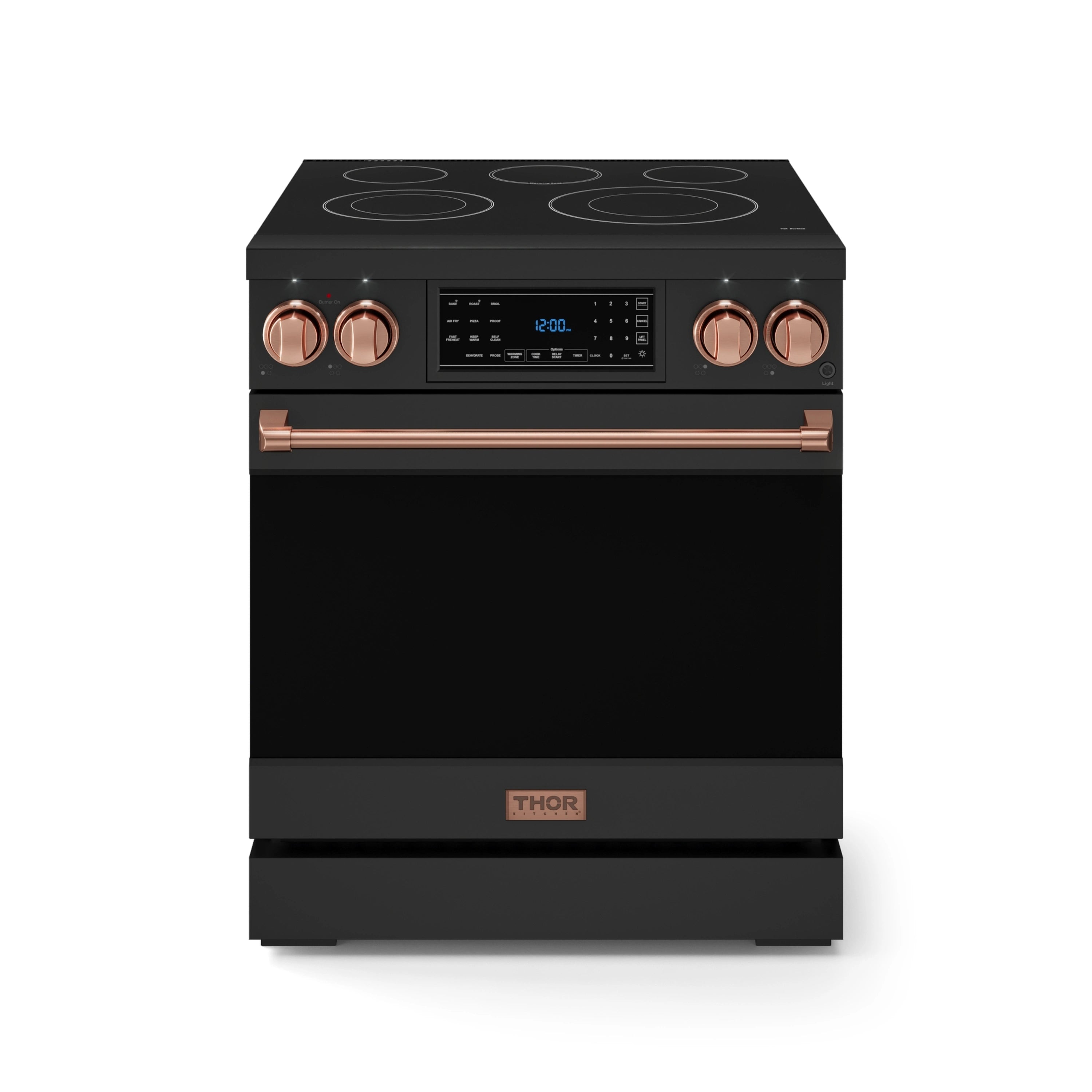 Black electric range front view with rose gold control knobs and handle