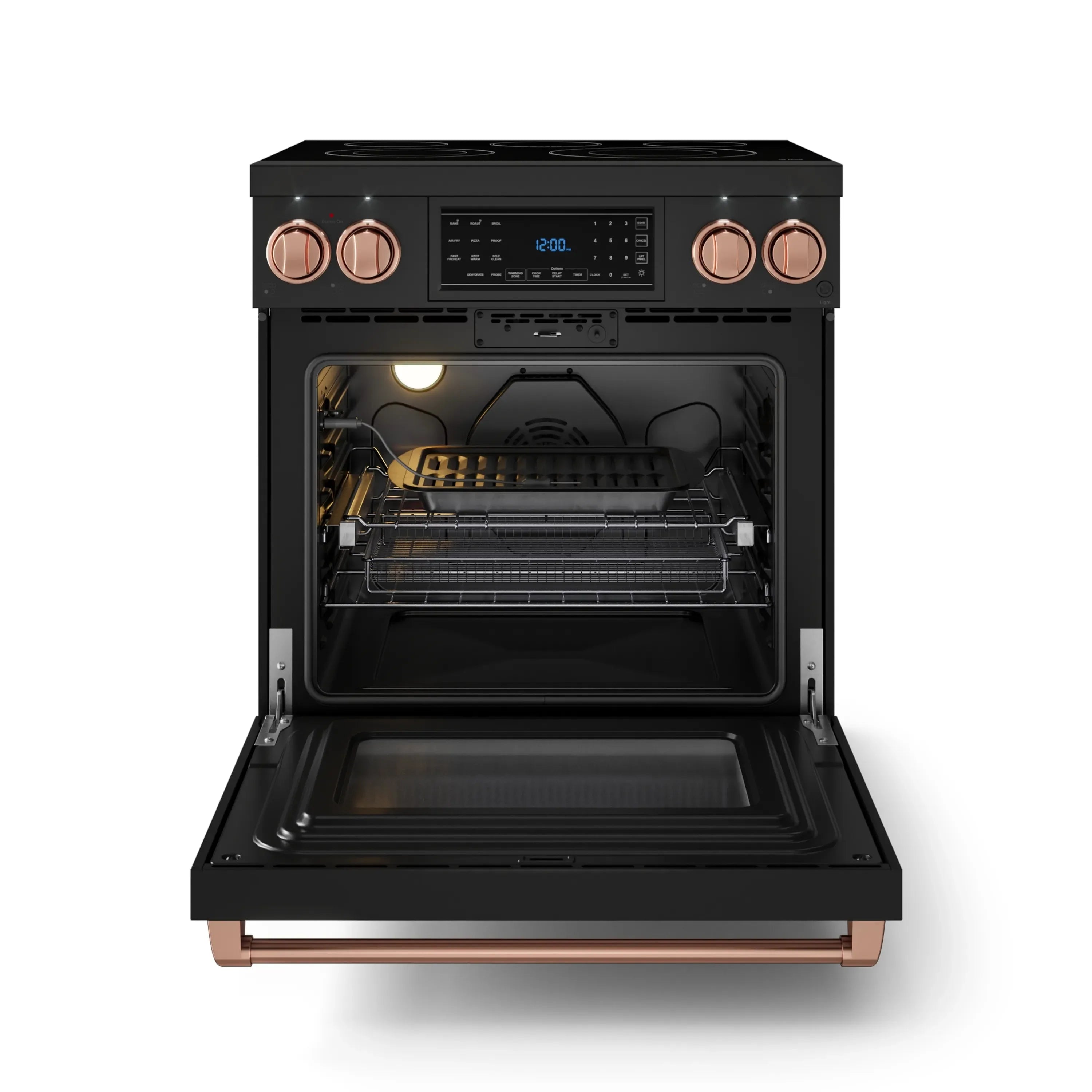Open oven door on black electric range with rose-gold knobs and interior racks