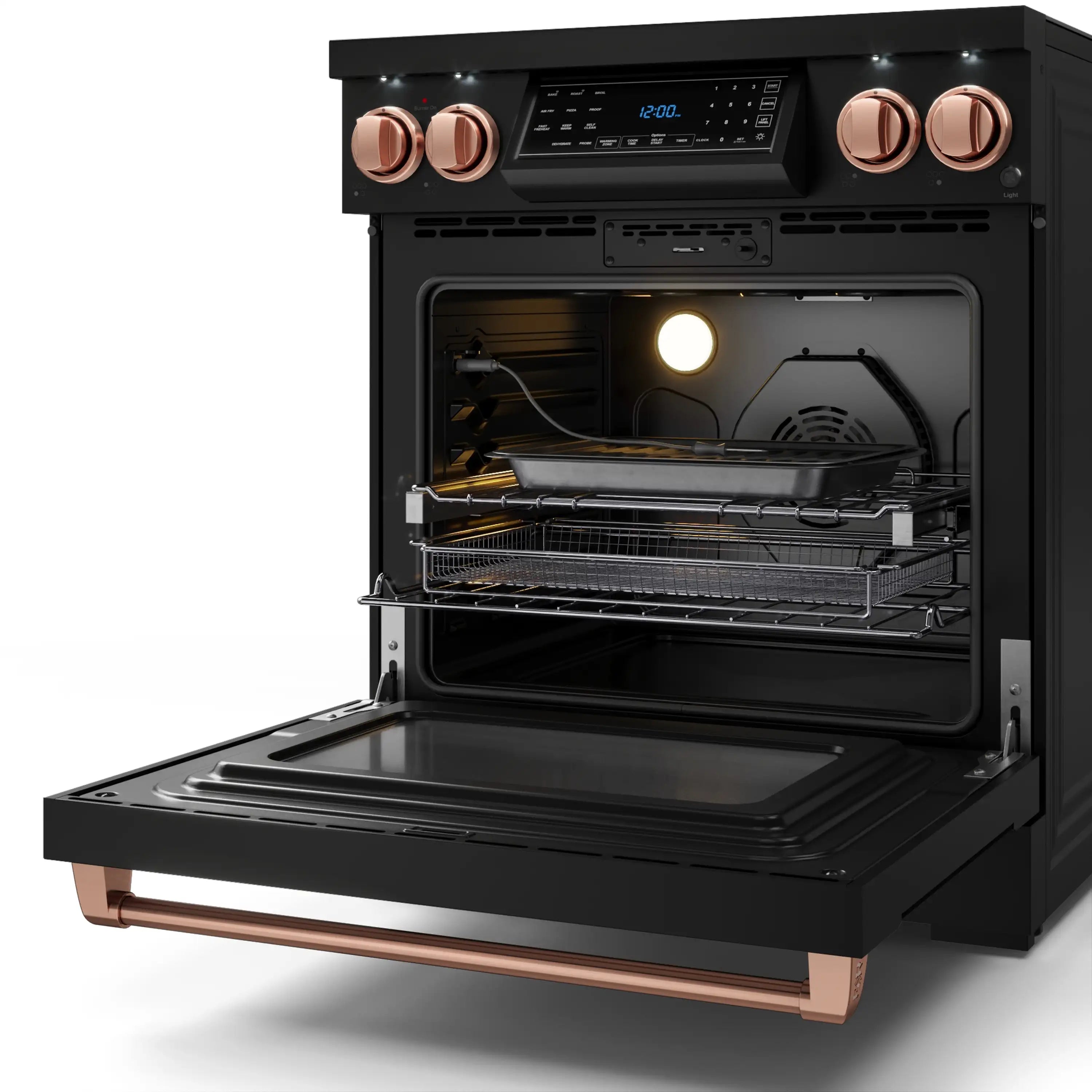Lit oven interior of a black electric range with racks and rose-gold control knobs