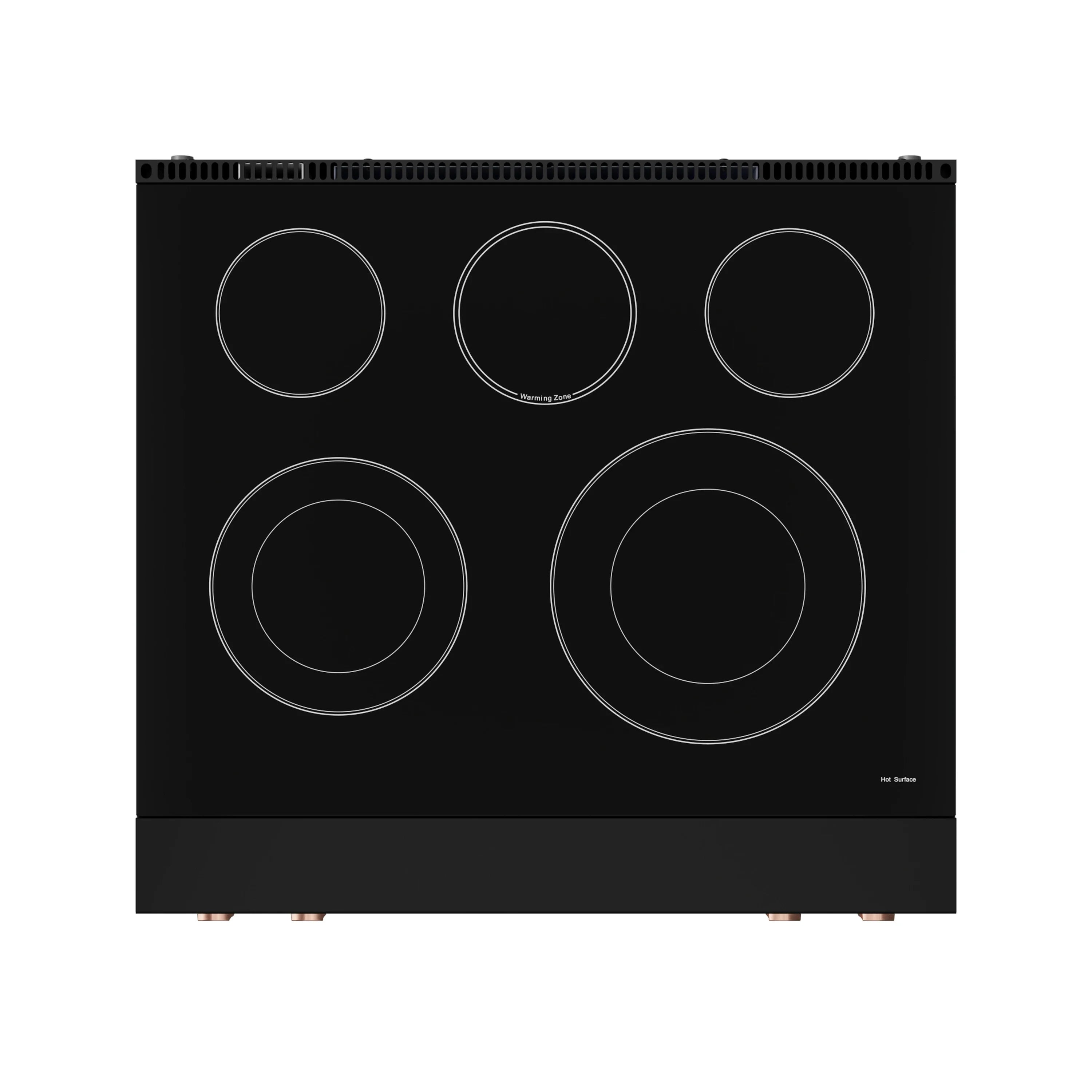 Black electric cooktop with five circular burner zones and subtle branding