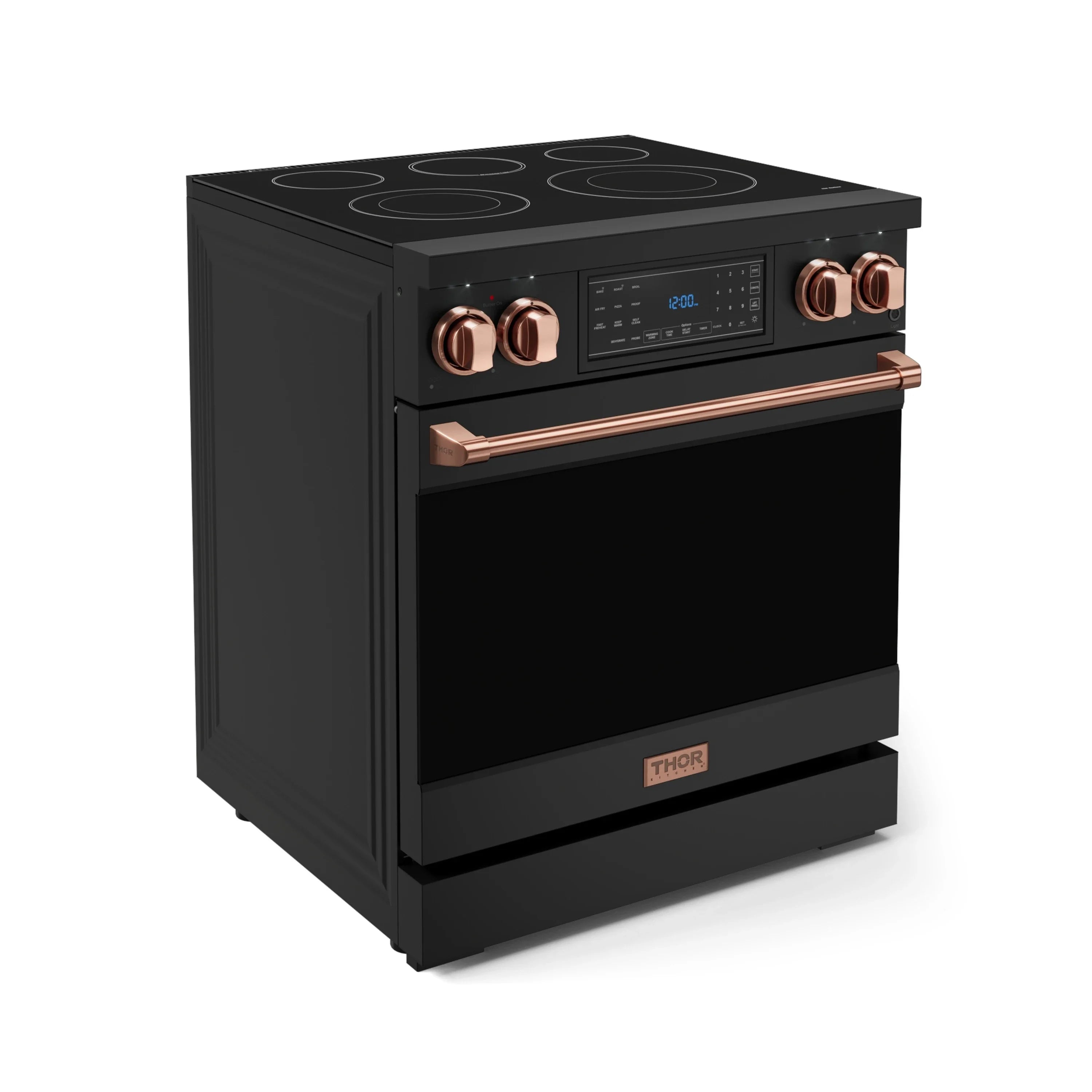 Black electric range with rose-gold control knobs and copper-toned oven handle