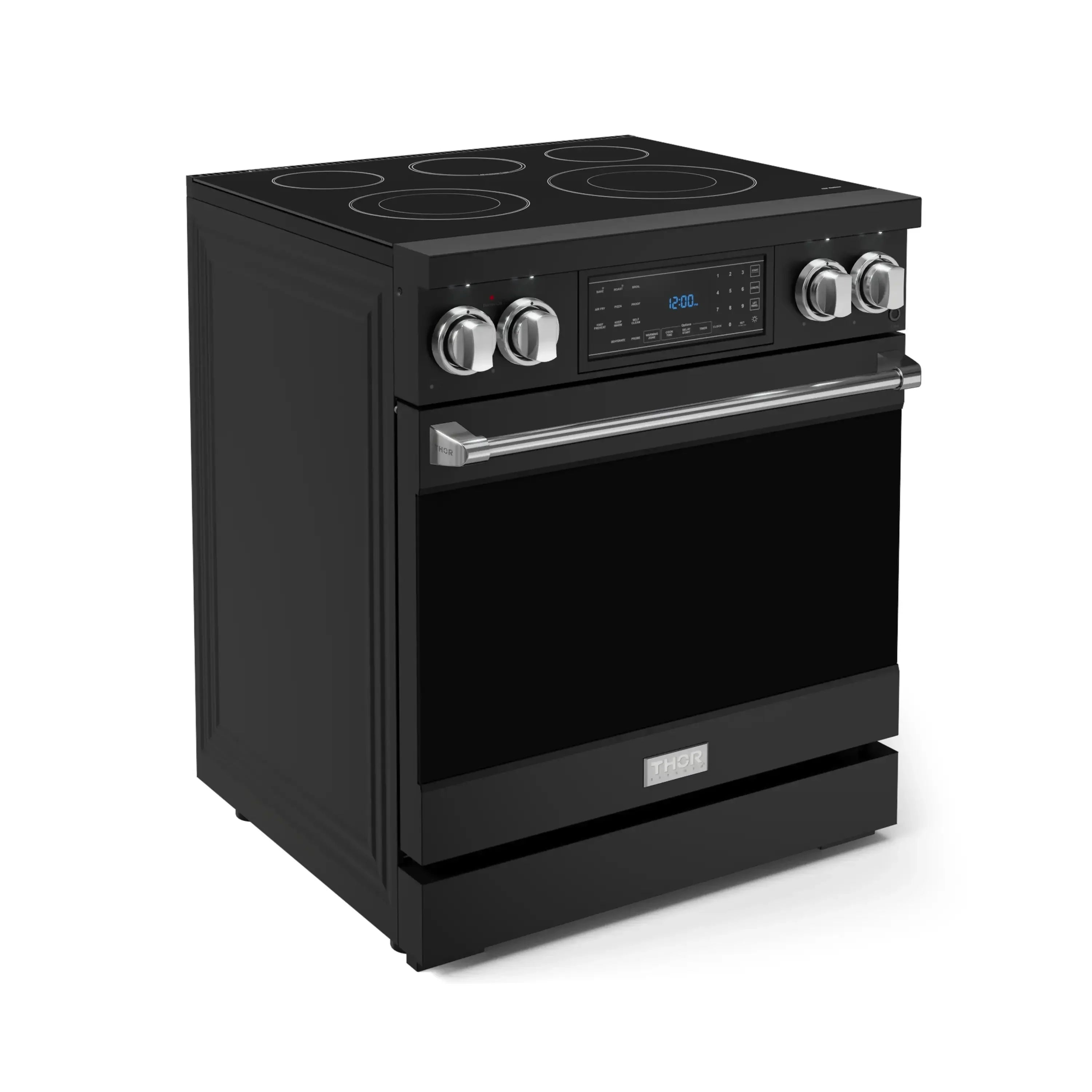 Black freestanding electric range angled view with side burner controls