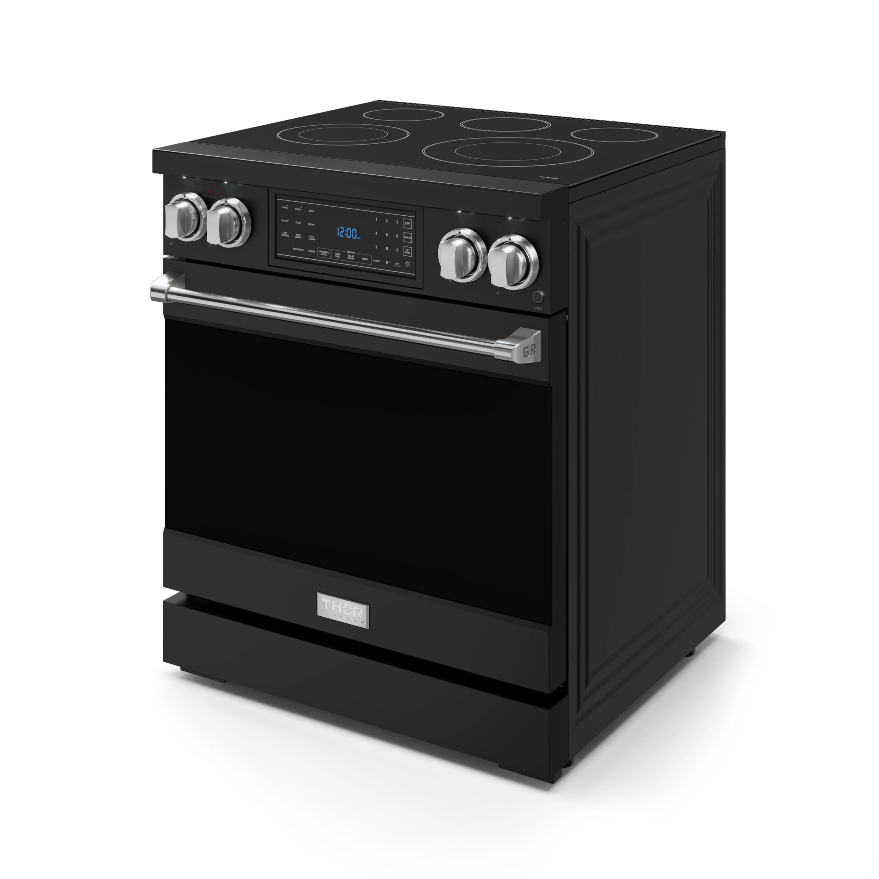 Black electric range with coil cooktop, digital display, and stainless door handle