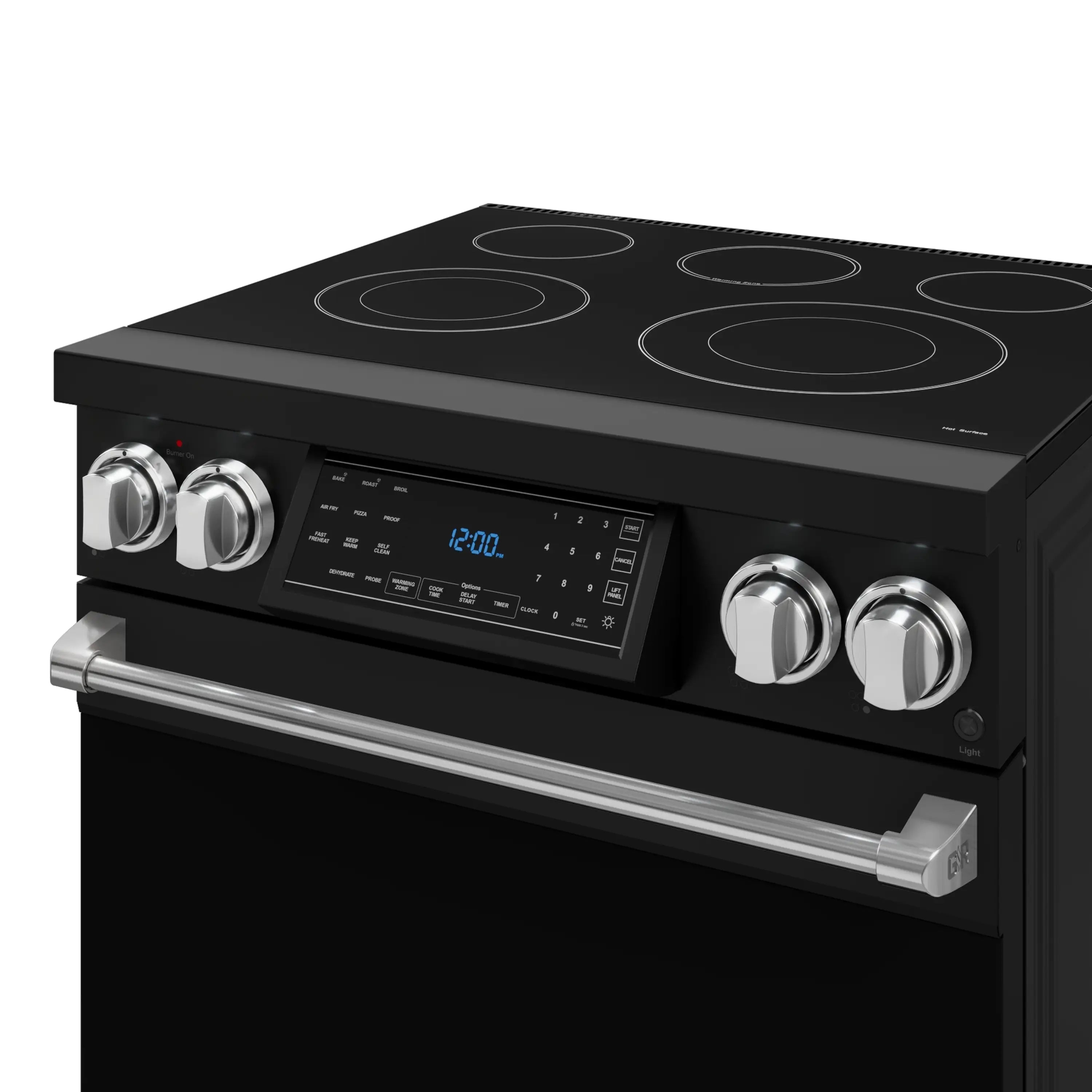 Black electric range control panel with digital display, knobs, and coil cooktop