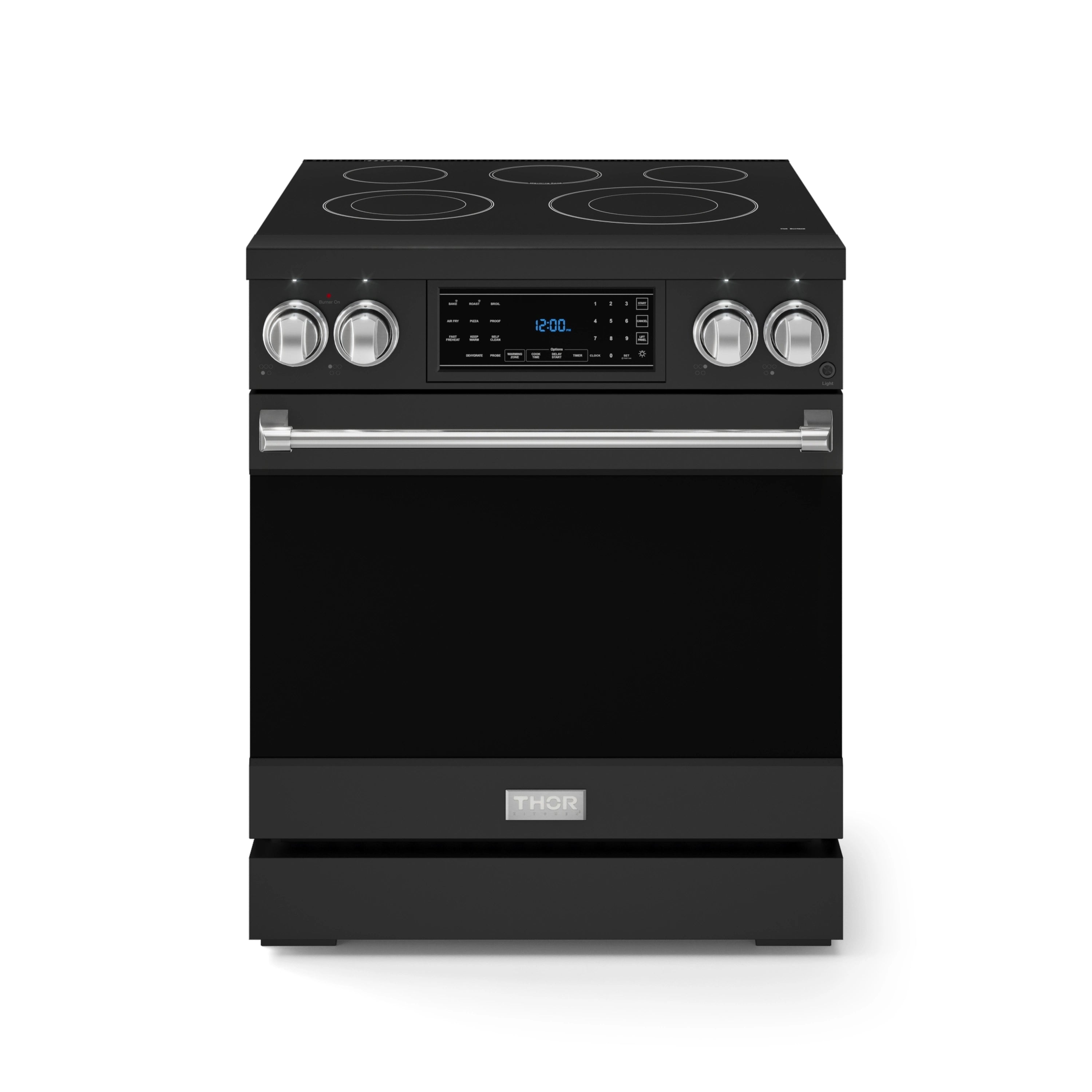Black electric professional range with coil cooktop, dual knobs, and stainless trim