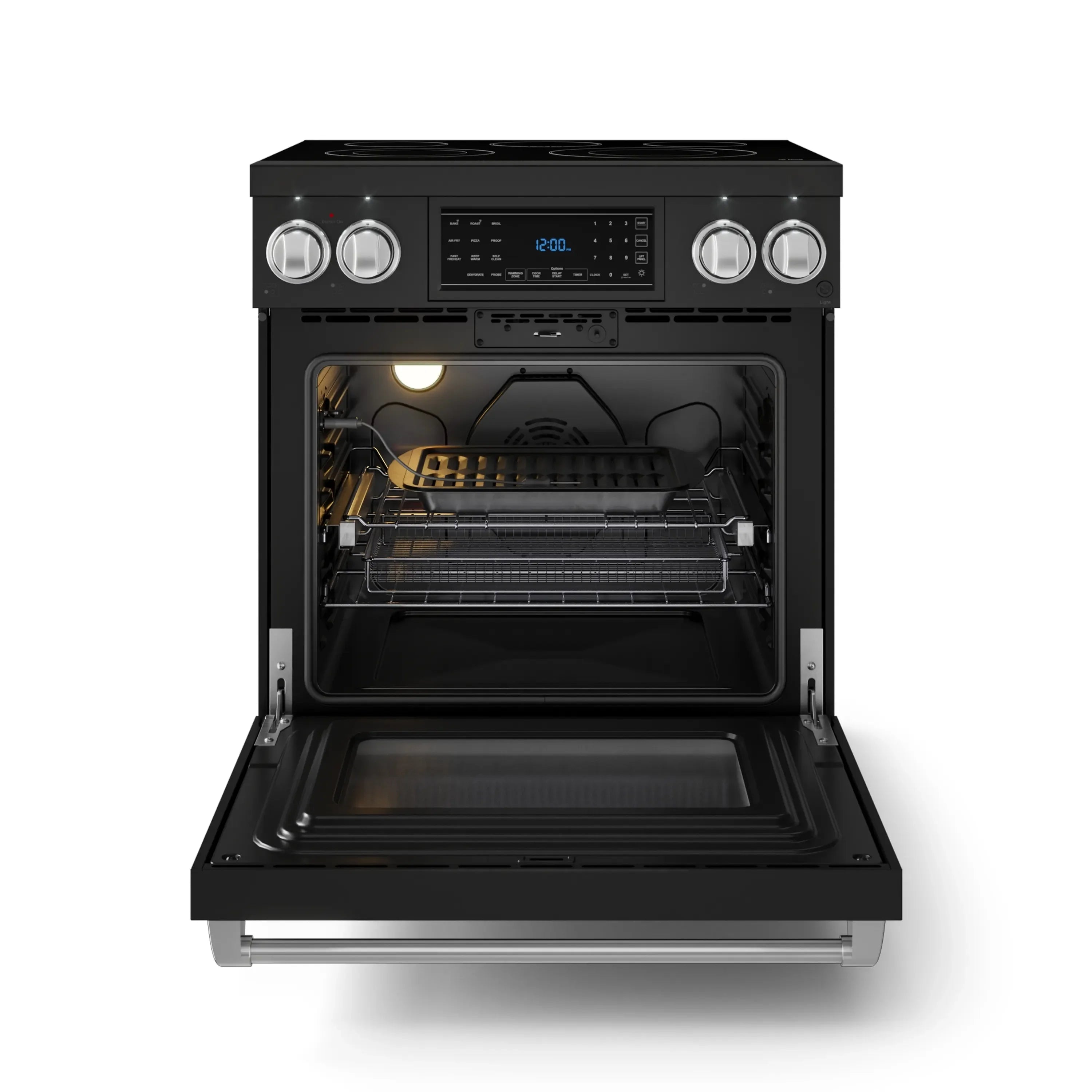 Black electric range with oven door open, showing racks and interior light