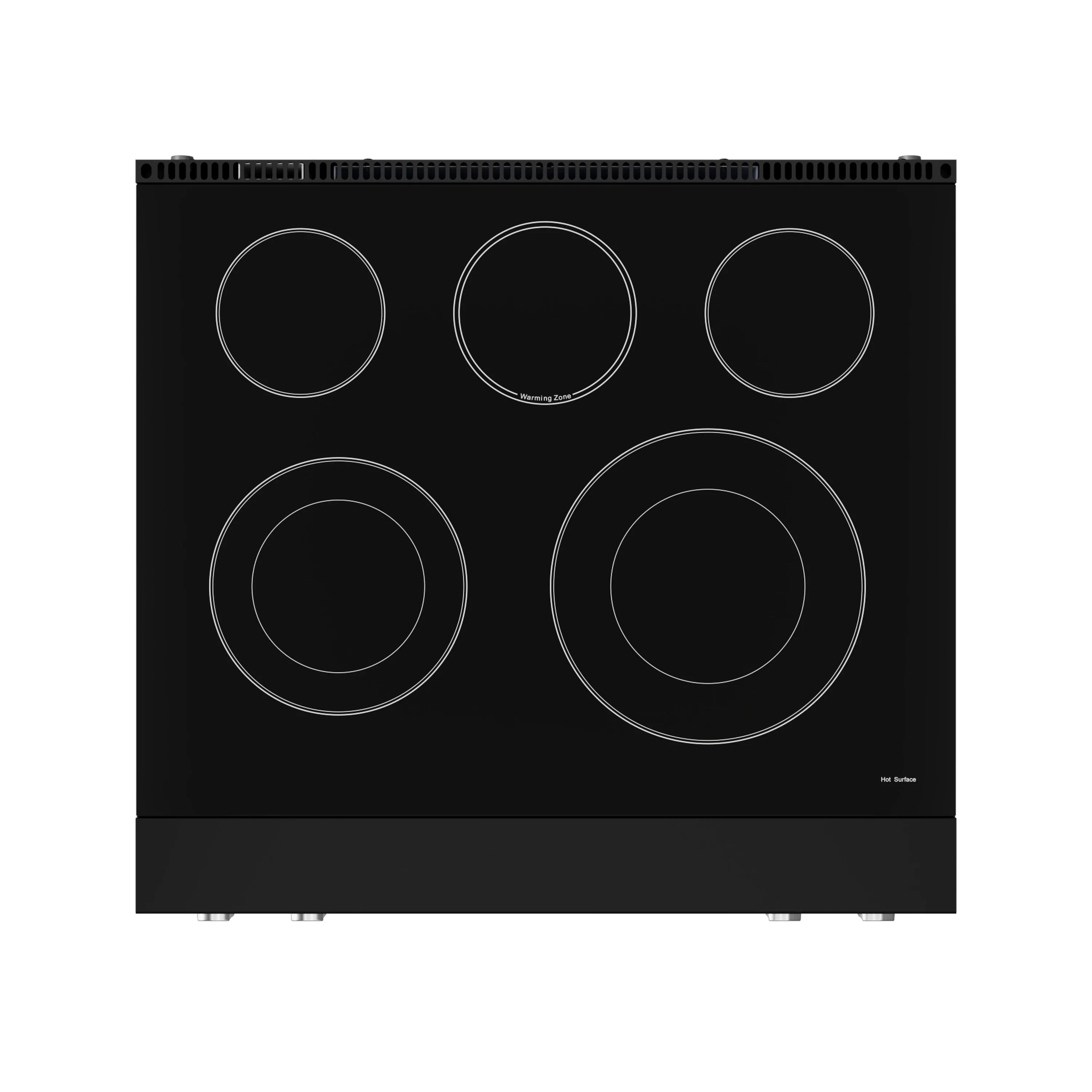 Black electric cooktop with five round radiant burner outlines