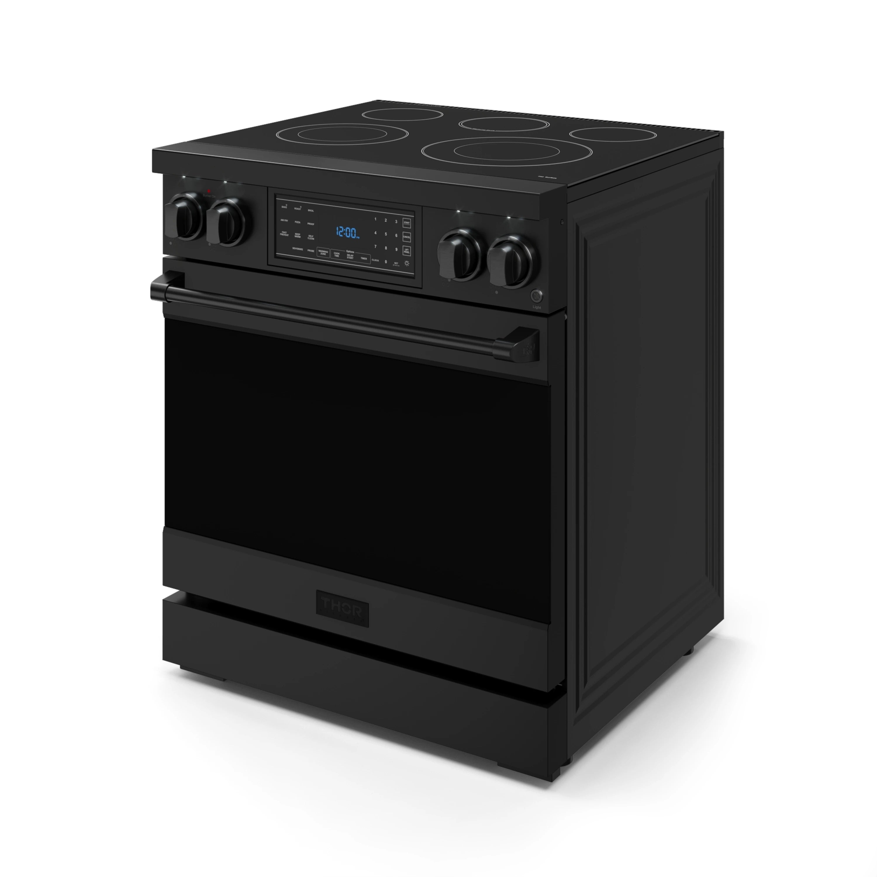 Black electric range with cooktop burners, oven door, and control knobs