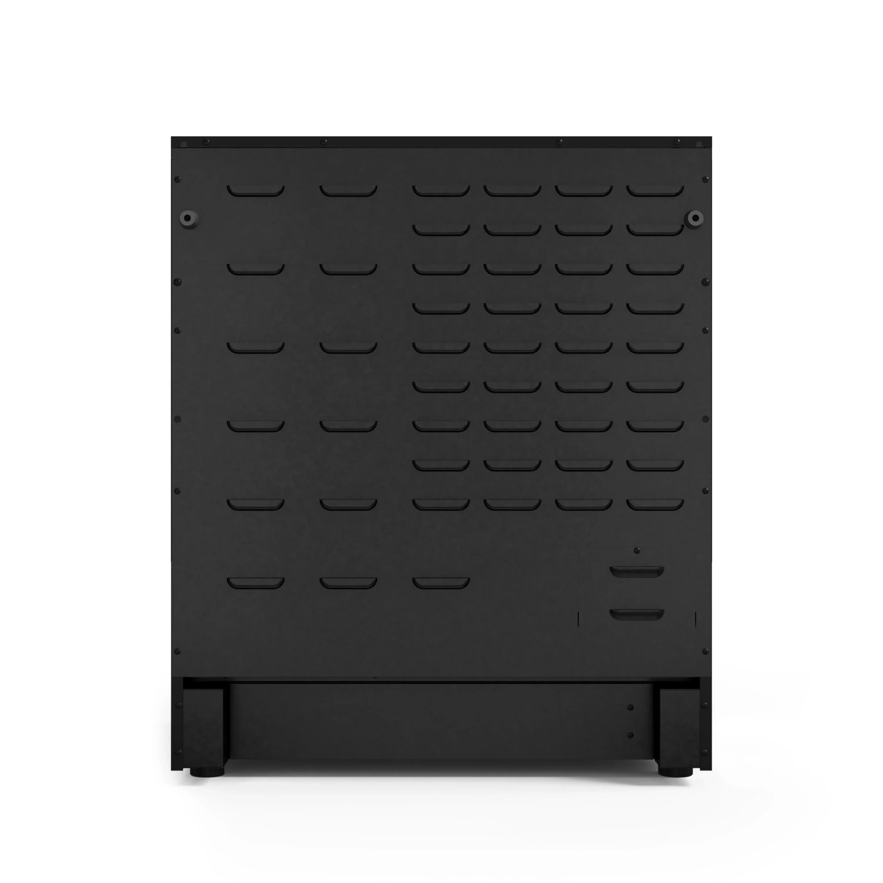Black oven cavity door panel with vented burner knob pattern