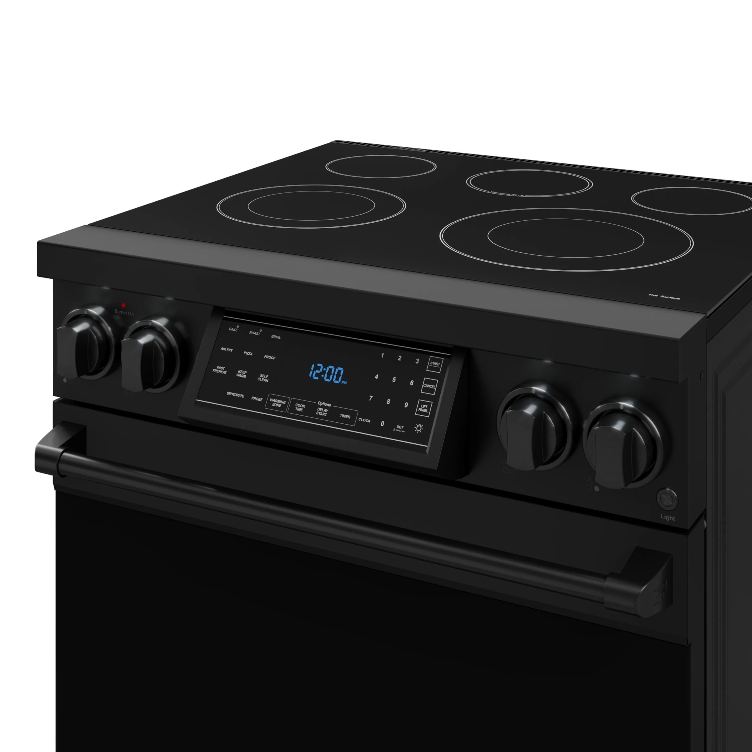 Black electric range cooktop with digital display and control knobs