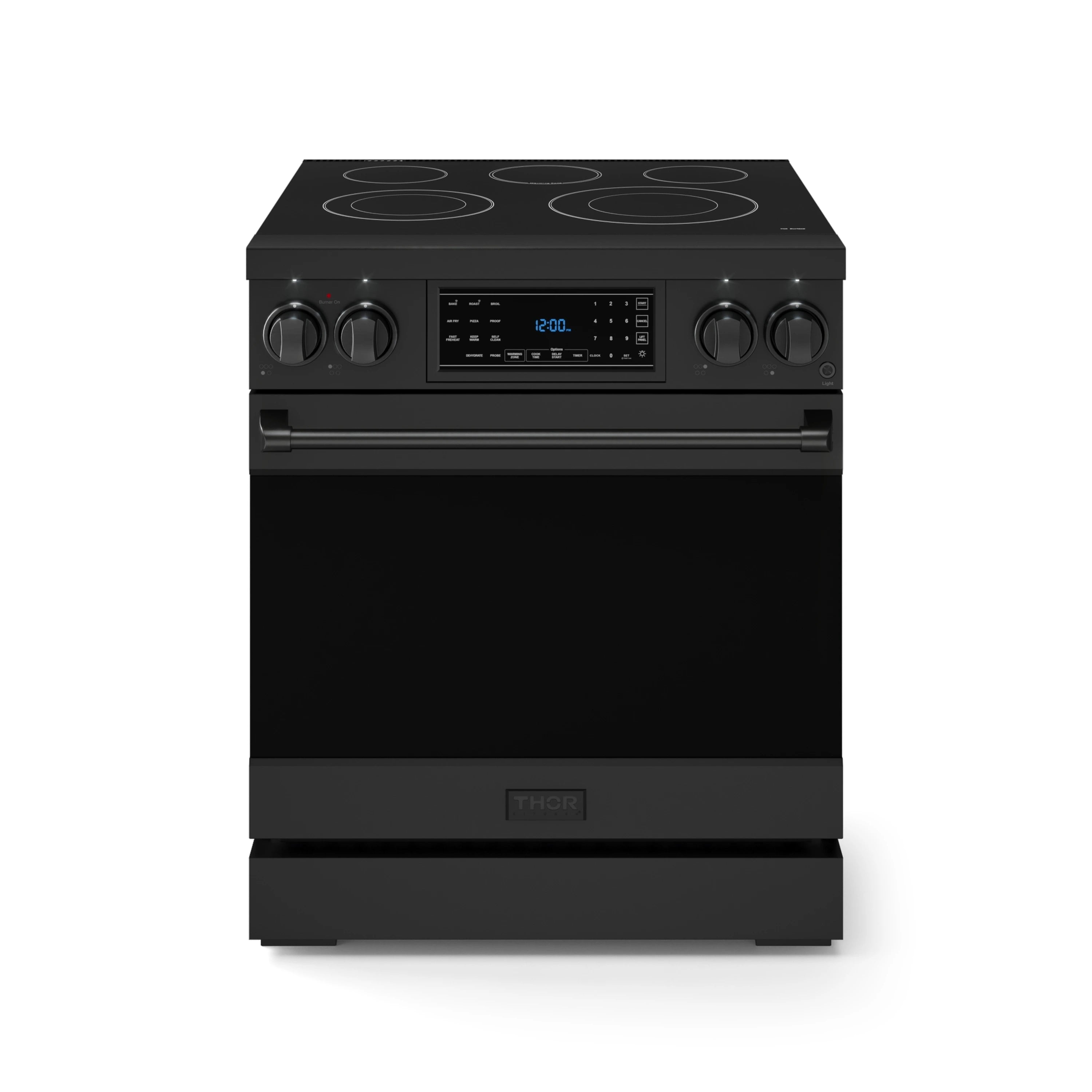 Black electric range with ceramic cooktop and digital control panel