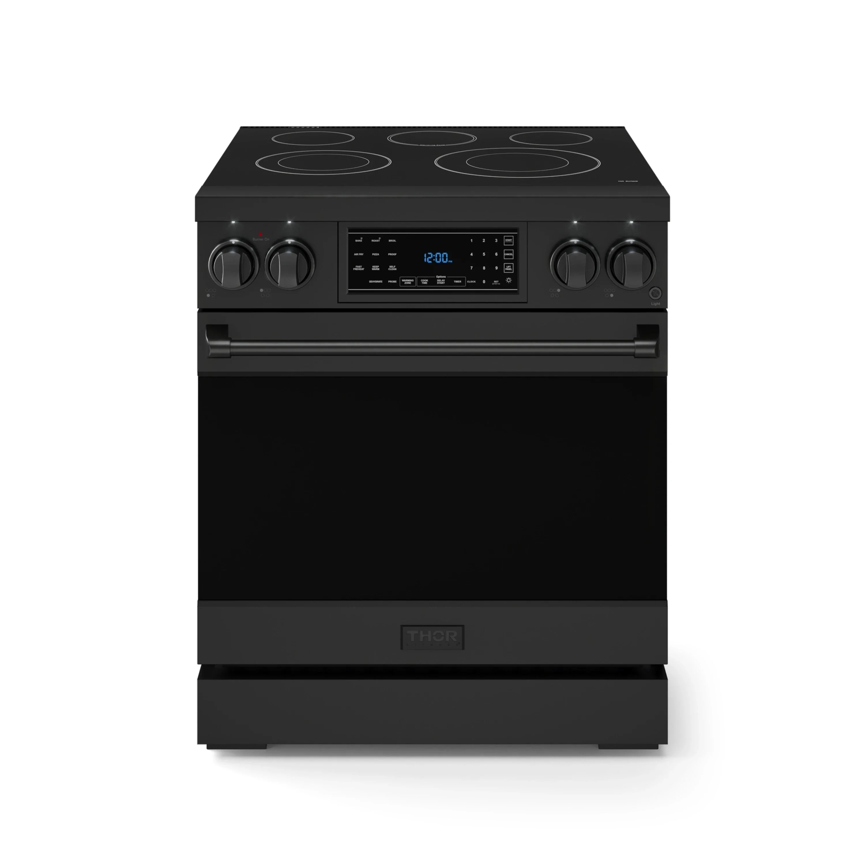 Black freestanding electric range with smooth glass cooktop and control panel