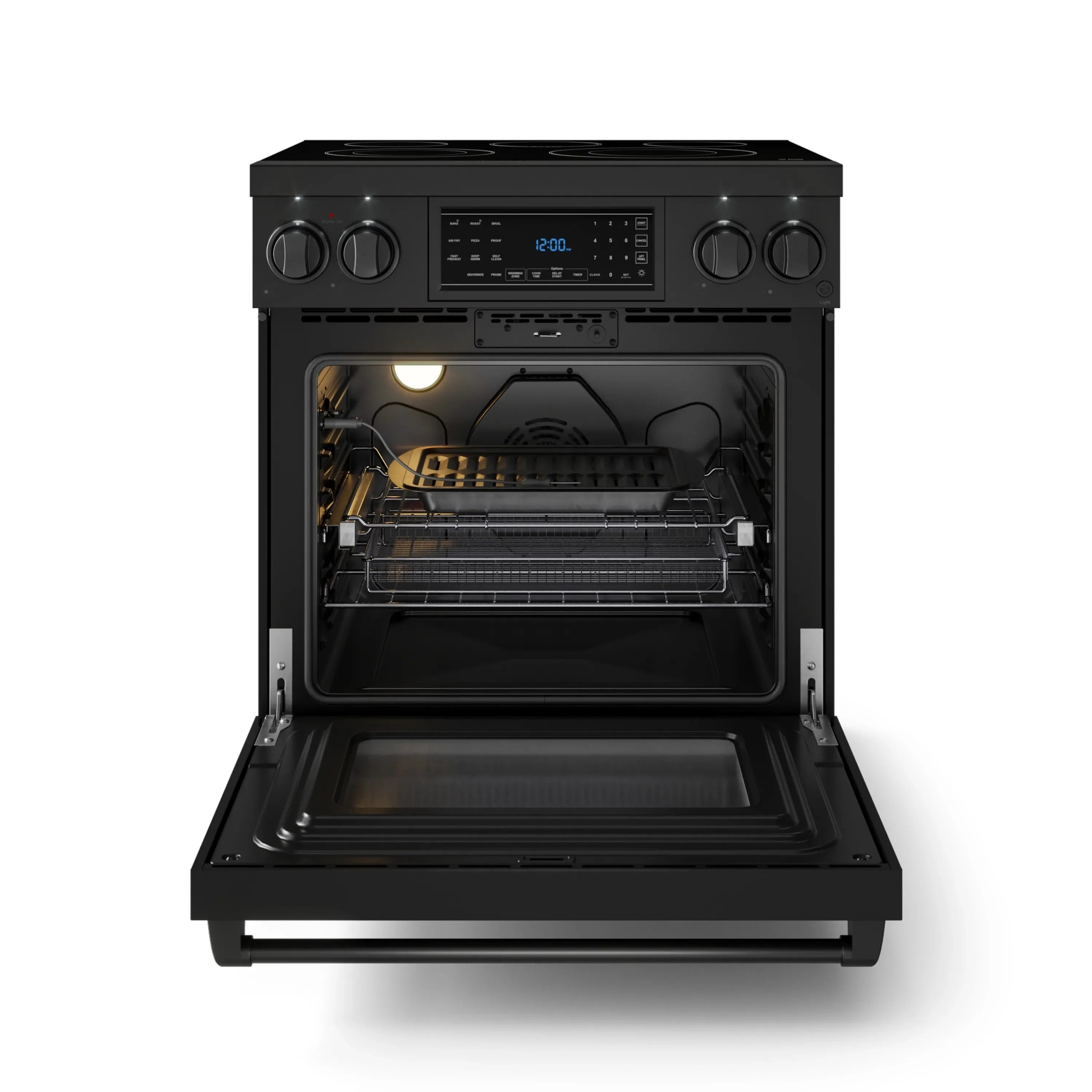 Black electric range with oven door open, showing oven interior and rack