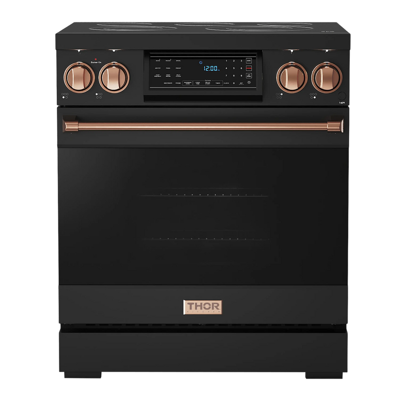 Thor Kitchen Gordon Ramsay 3-Piece Appliance Package - 30-Inch Electric Range with Tilt Panel Touch Control, Refrigerator, and Dishwasher in Black with Rose Gold Trim