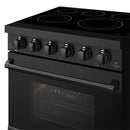 Black electric range with smooth-top cooktop, five burner rings, and precision control knobs