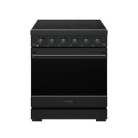 Black professional electric range with smooth cooktop and row of precision control knobs