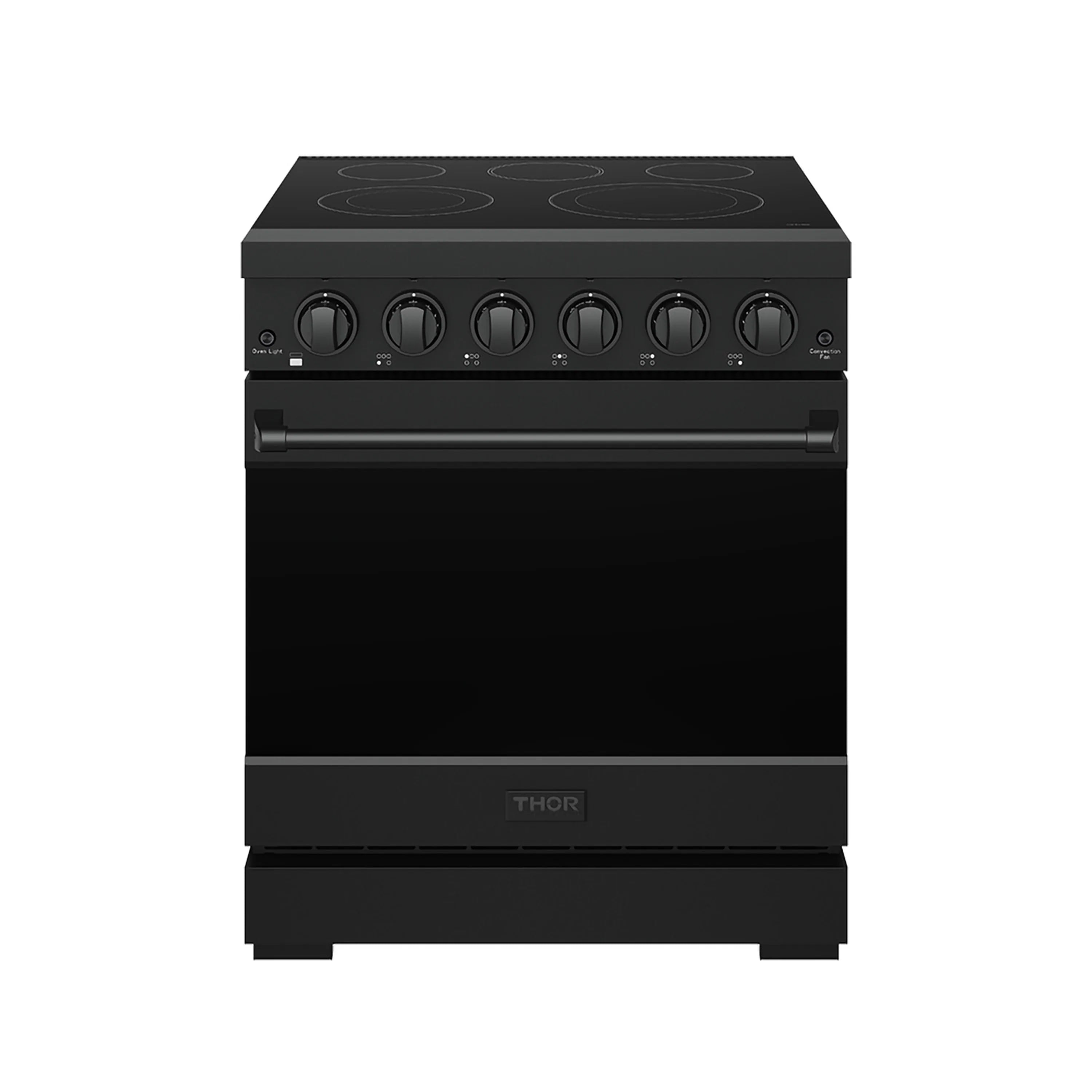 Black professional electric range with smooth cooktop and row of precision control knobs