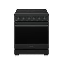 Black professional electric range with smooth cooktop and row of precision control knobs