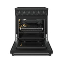 Black electric range with open oven door, interior racks, and baking tray