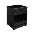 Black electric range on legs with smooth-top cooktop and control knobs on front panel