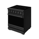 Black freestanding electric range with smooth-top cooktop and front control knobs