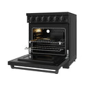 Black electric range with oven door open, illuminated interior, and bake racks