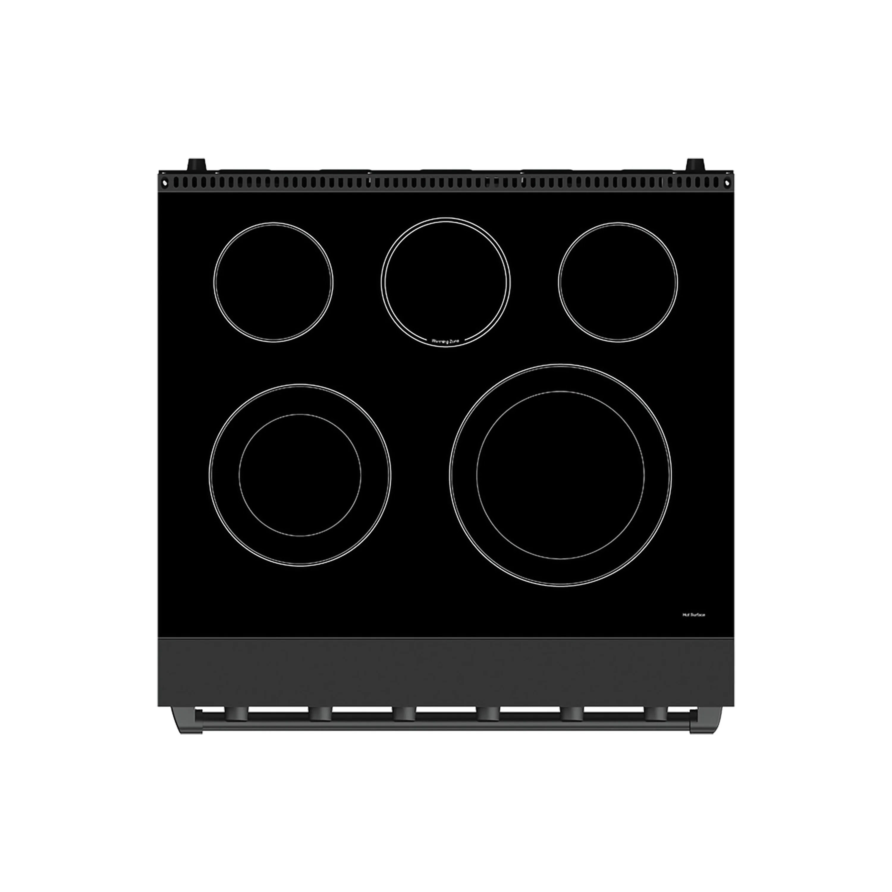 Black smooth-top electric cooktop with five circular heating elements and control panel