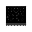 Black smooth-top electric cooktop with five circular heating elements and control panel