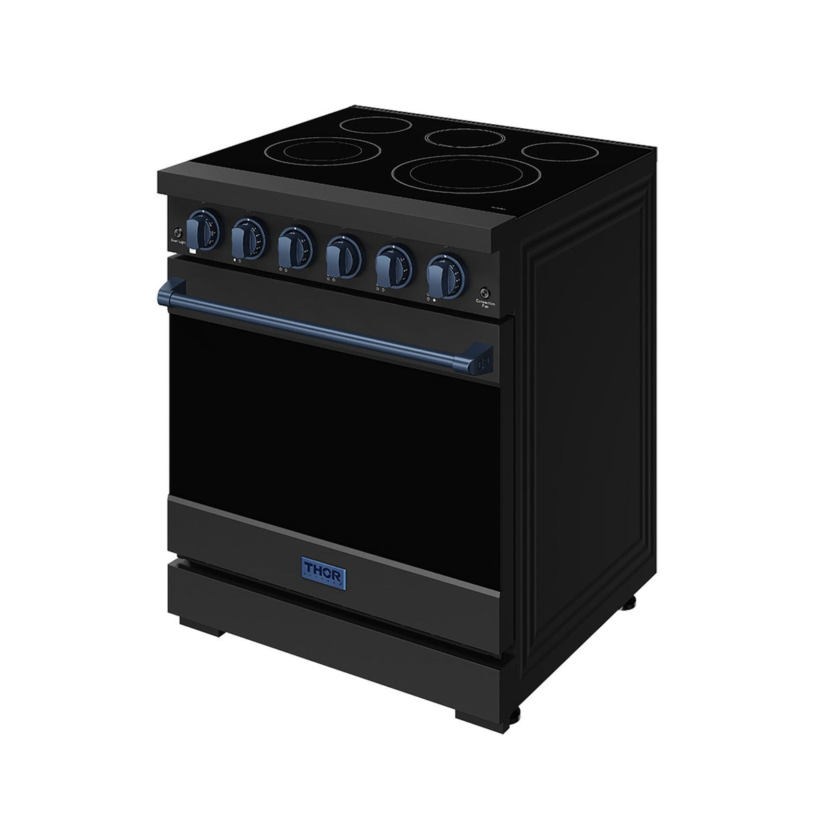 Black 30-inch professional electric range with blue hardware, front-right view