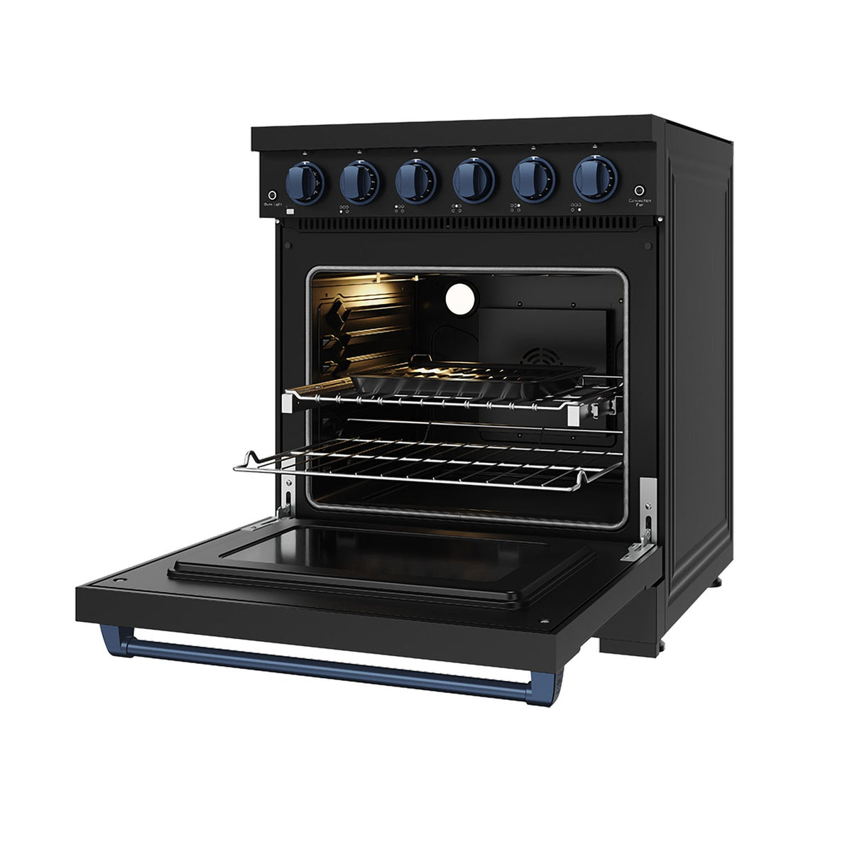 Black 30-inch professional electric range with blue hardware, front-right view, door open