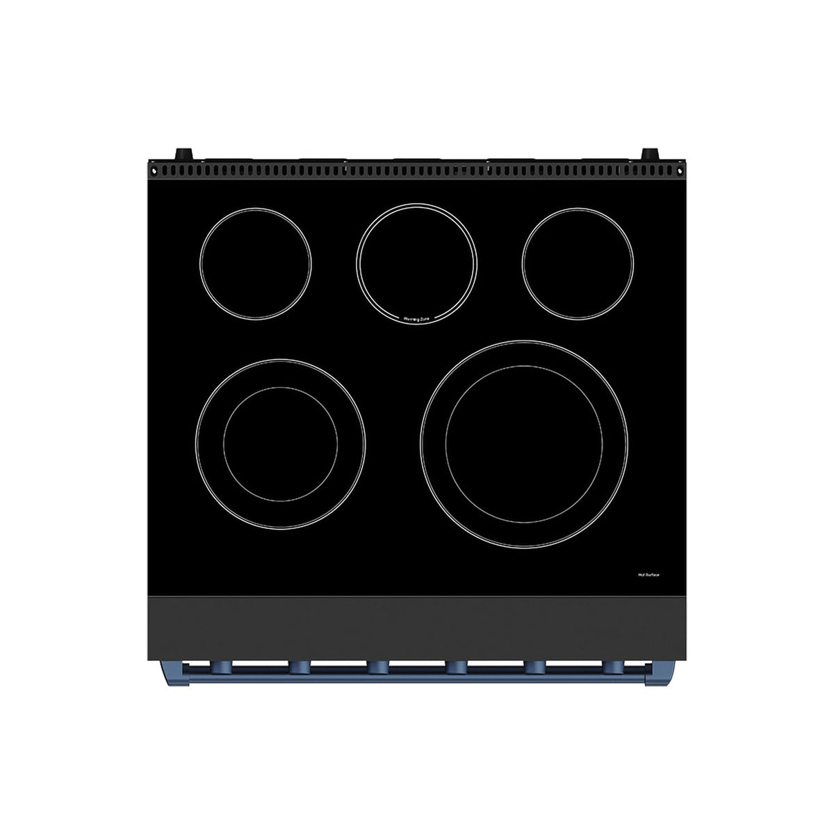 Black 30-inch professional electric range with blue hardware, top view of the cooktop