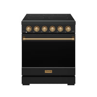 Black electric range with bronze knobs, long bronze handle, and glass cooktop