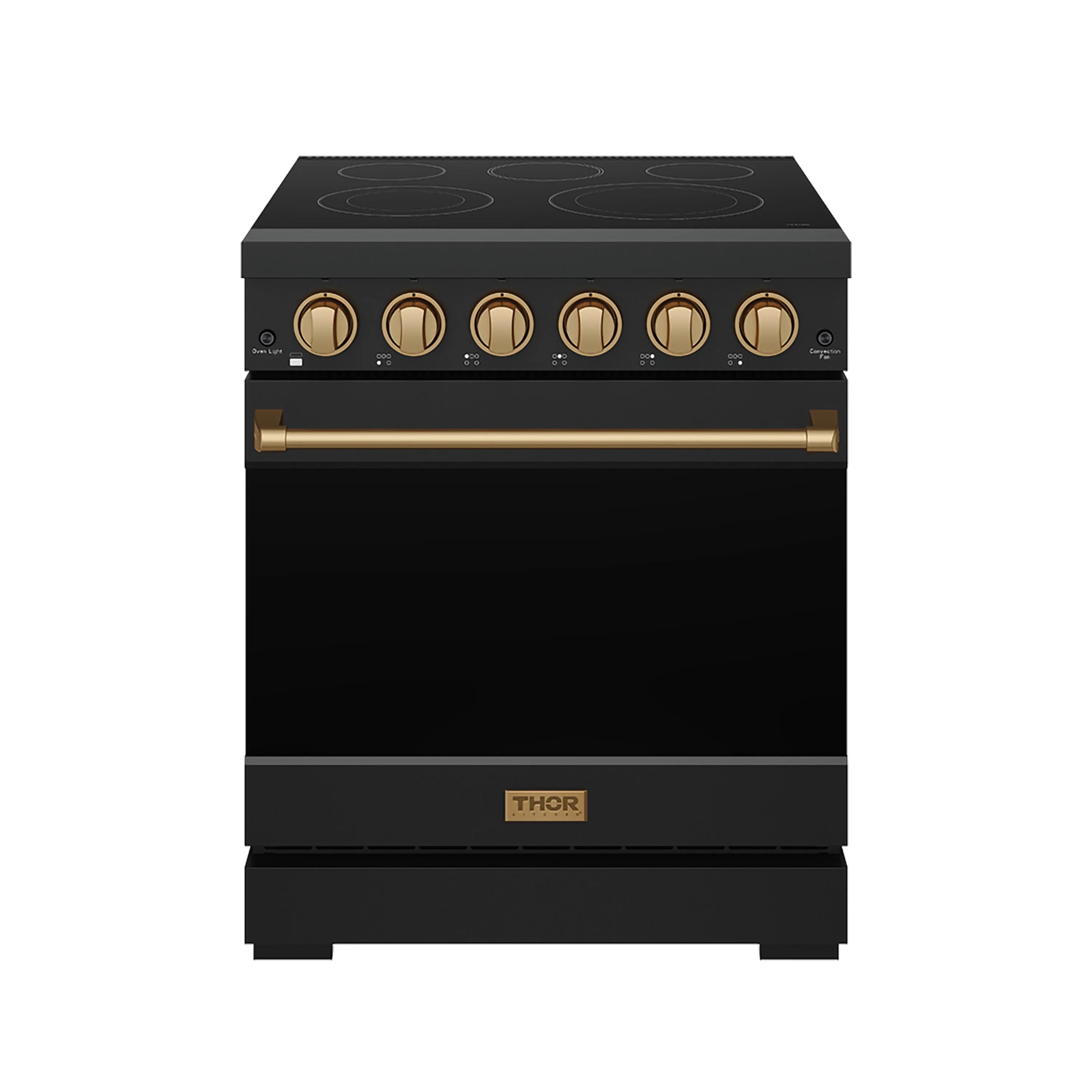 Black electric range with bronze knobs, long bronze handle, and glass cooktop