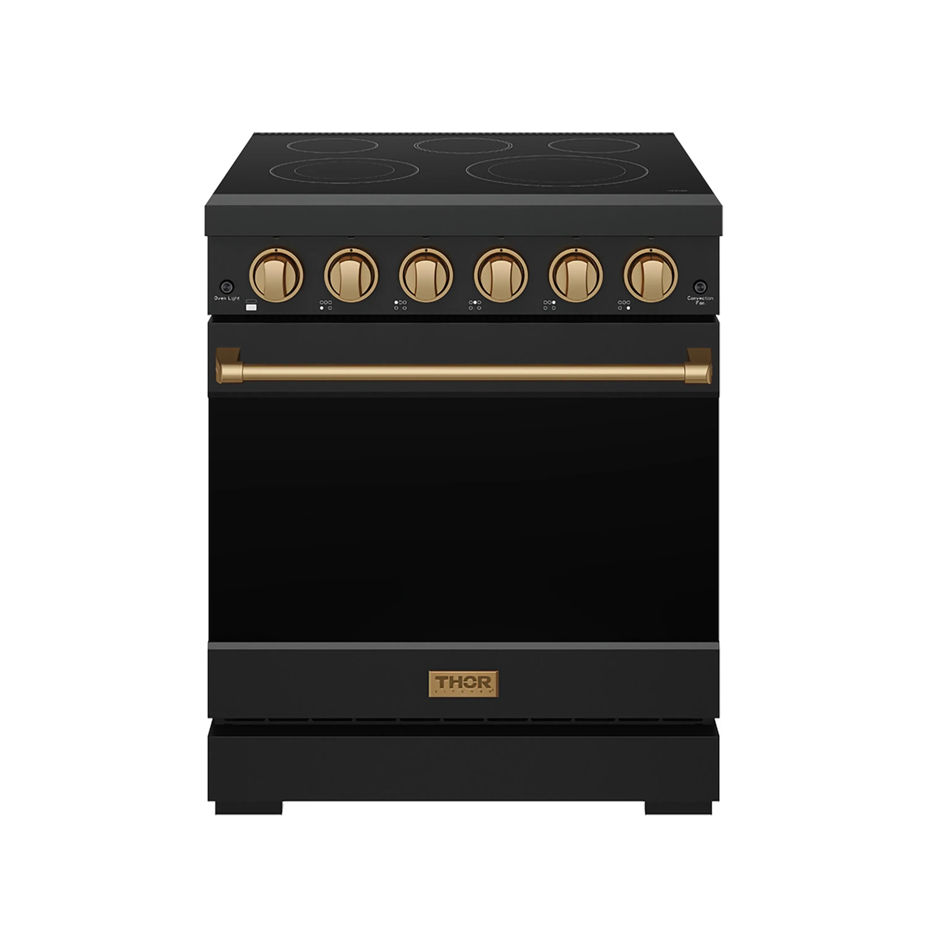 Black 30-inch electric range with bronze control panel and gold-toned oven handle