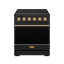 Black electric range with bronze knobs, long bronze handle, and glass cooktop