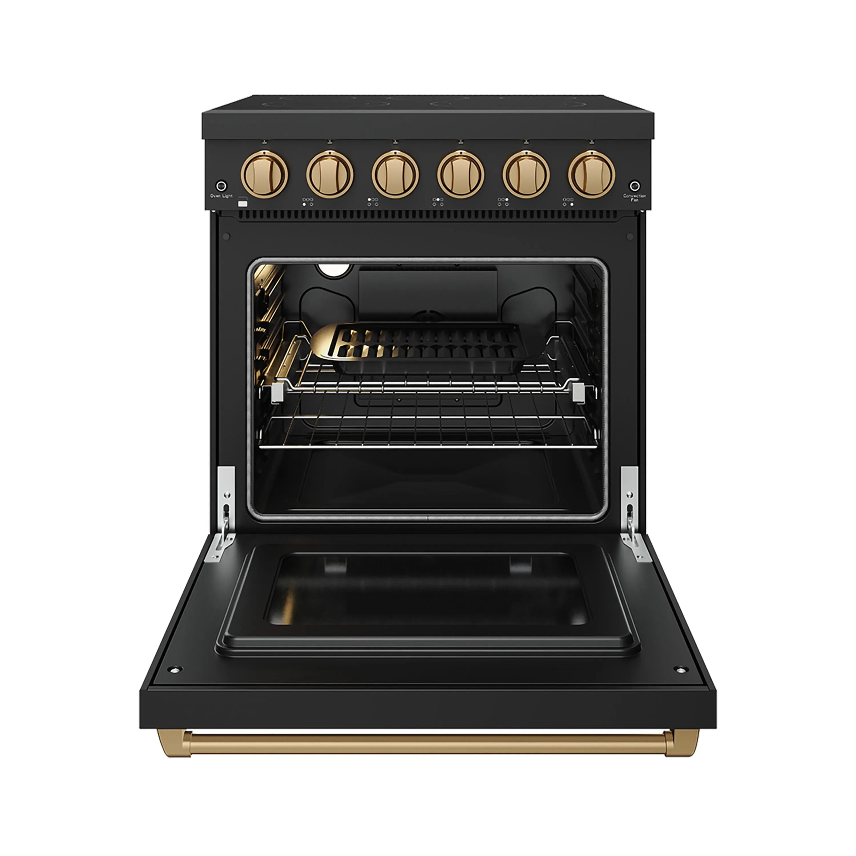 Black electric range with open oven door, racks inside, and bronze control knobs