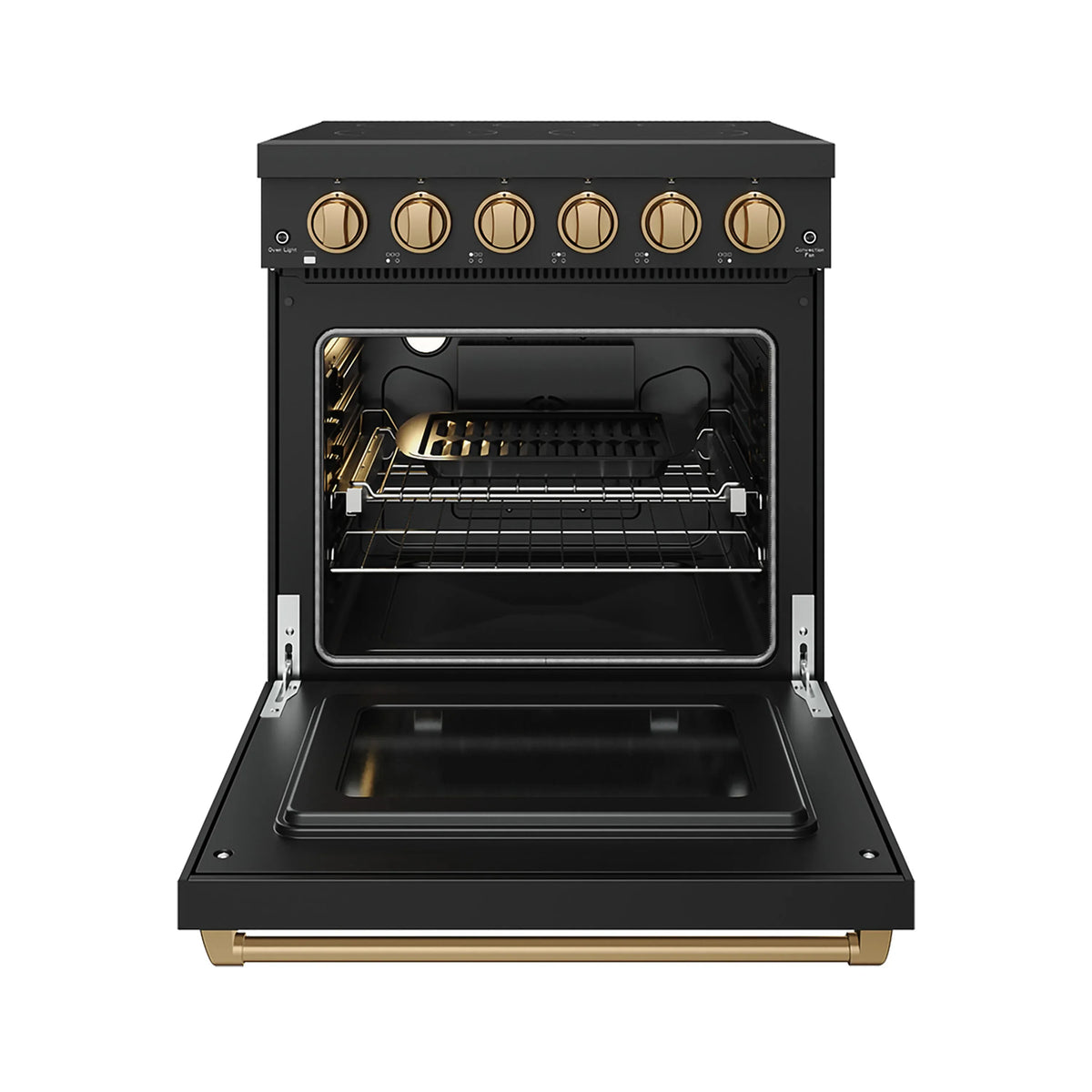 Black electric oven with open door and wire racks, gold control knobs