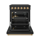 Black electric range with open oven door, racks inside, and bronze control knobs