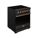 Black electric range with bronze control knobs and long bronze oven handle