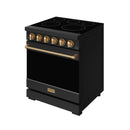Black electric range with bronze cooktop knobs and long bronze door handle