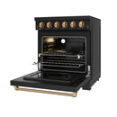 Black electric range with open oven, baking racks, and bronze pull handle