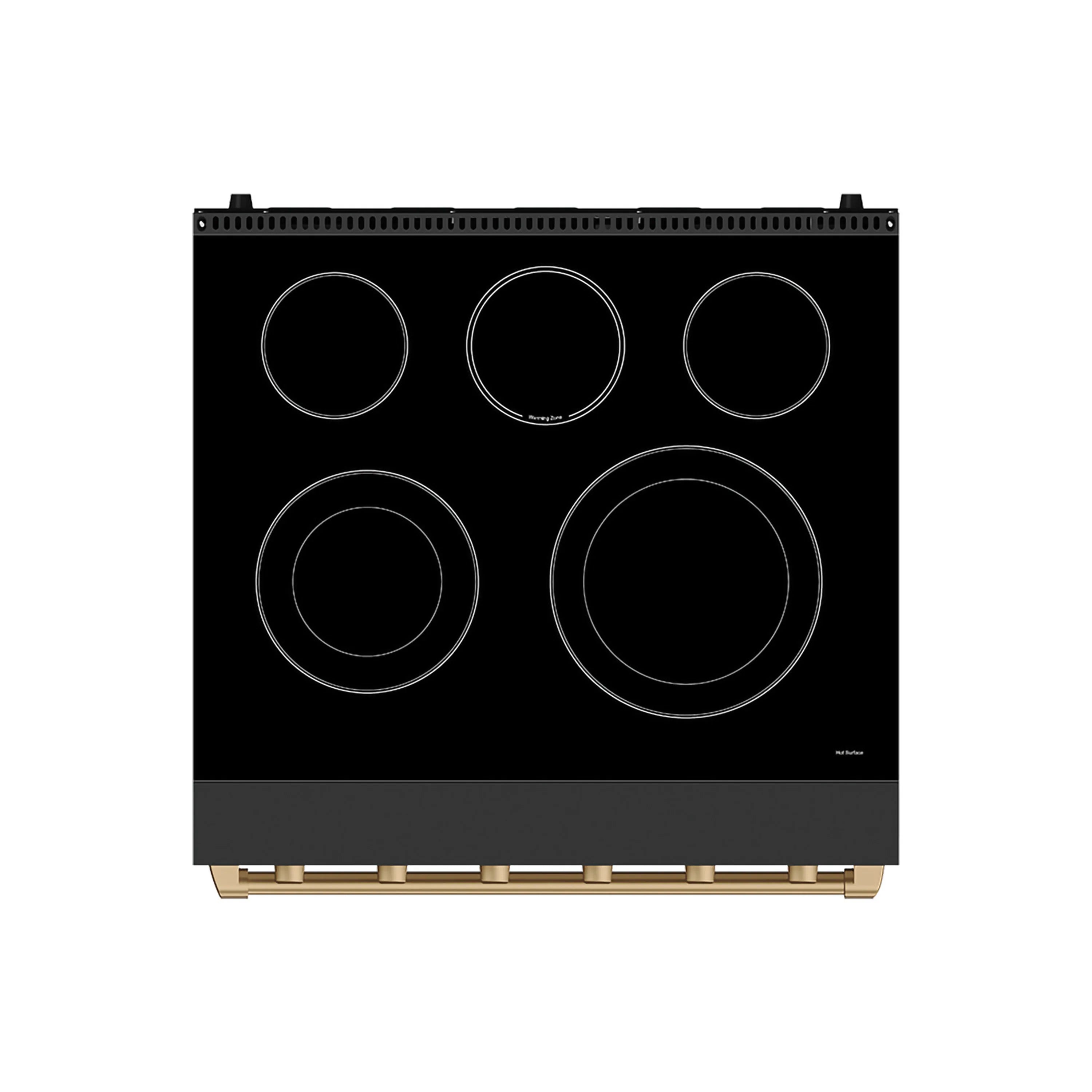 Black ceramic glass cooktop with five smooth burners and dark control panel