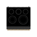 Black ceramic glass cooktop with five smooth burners and dark control panel