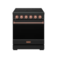 Black 30-inch electric range with five smooth cooktop burners, rose gold knobs and handle