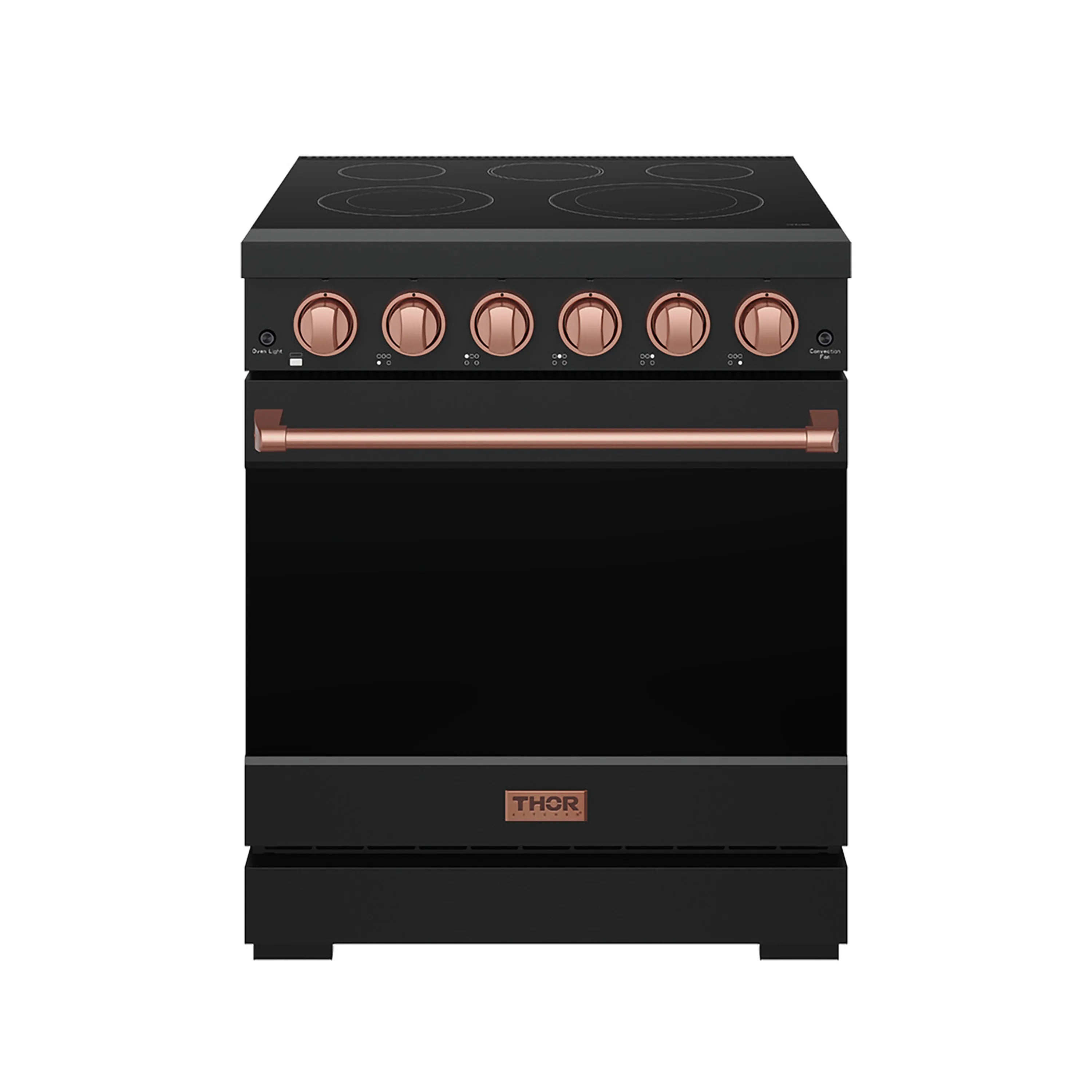 Black 30-inch electric range with five smooth cooktop burners, rose gold knobs and handle