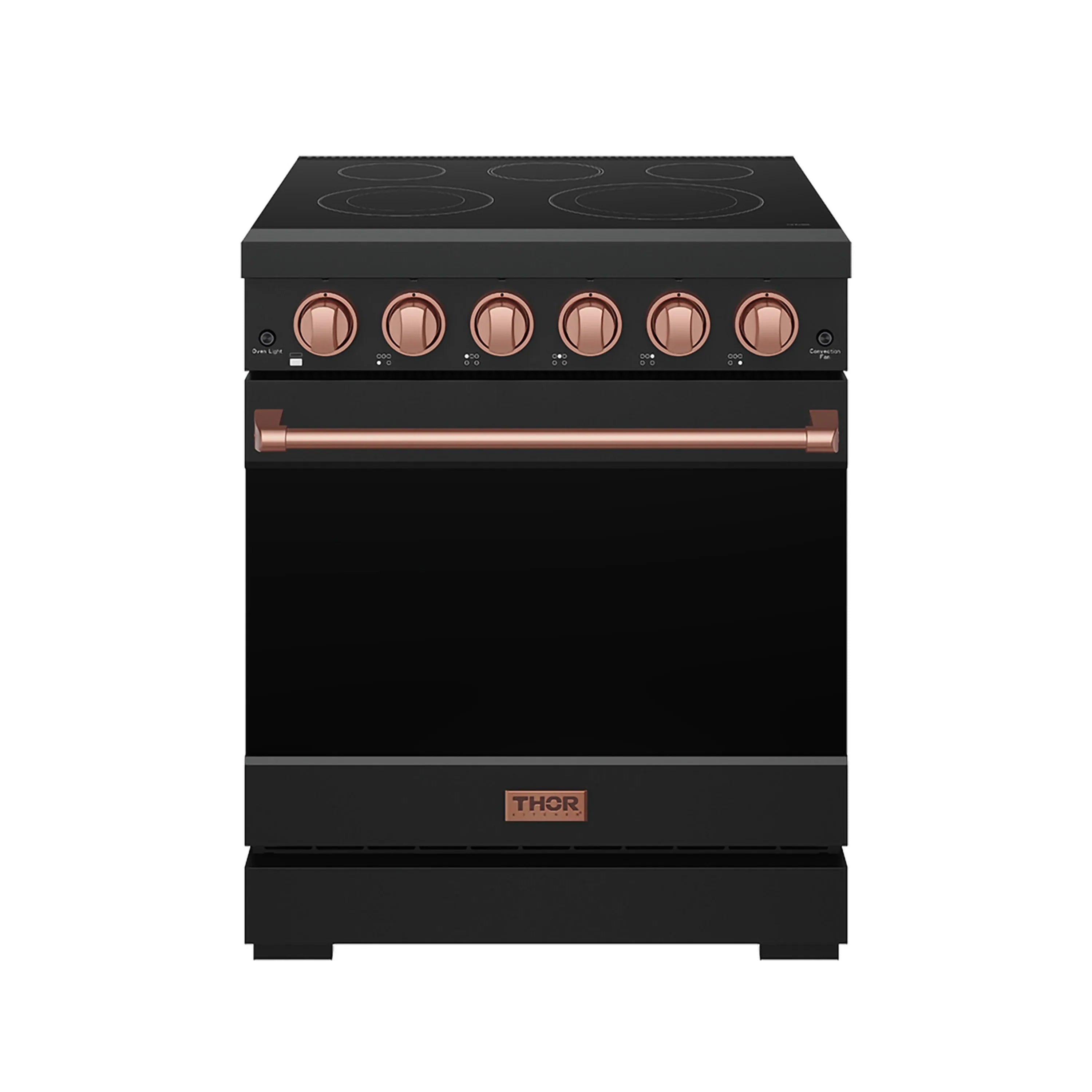 Black 4-burner electric range with copper control knobs and long copper handle