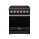 Black 30-inch electric range with five smooth cooktop burners, rose gold knobs and handle