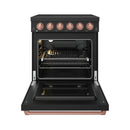 Black electric range with oven door open, showing racks and interior light