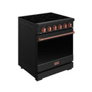 Black electric range with rose gold knobs, copper handle, and Thor badge on oven door