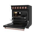 Black electric range with oven door open and illuminated interior, racks and broiler area